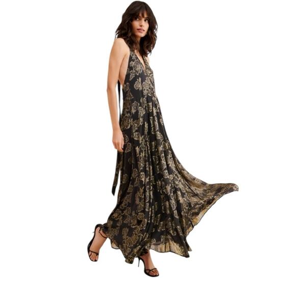 Free People Open Back Maxi Dress Black and Gold Metallic Size Small - Picture 5 of 9